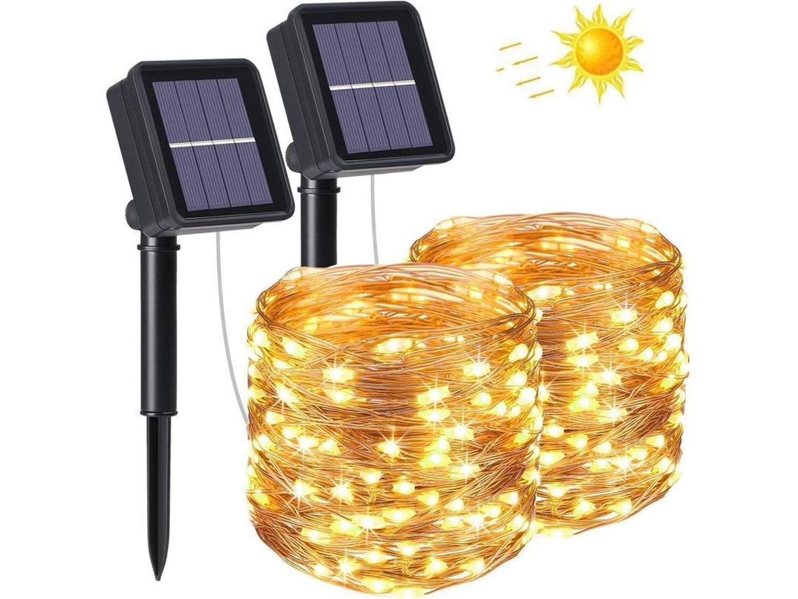 Luzes de Natal solares 2026 à prova d'água IP64, 100 LEDs, 8 modos, para uso externo, cabo de cobre flexível de 10 m.