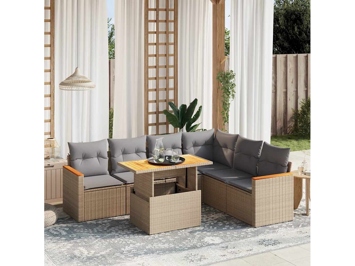 Vidaxl 7 Pcs Conjunto De Sofás P/ Jardim Com Almofadões Vime Pe Bege