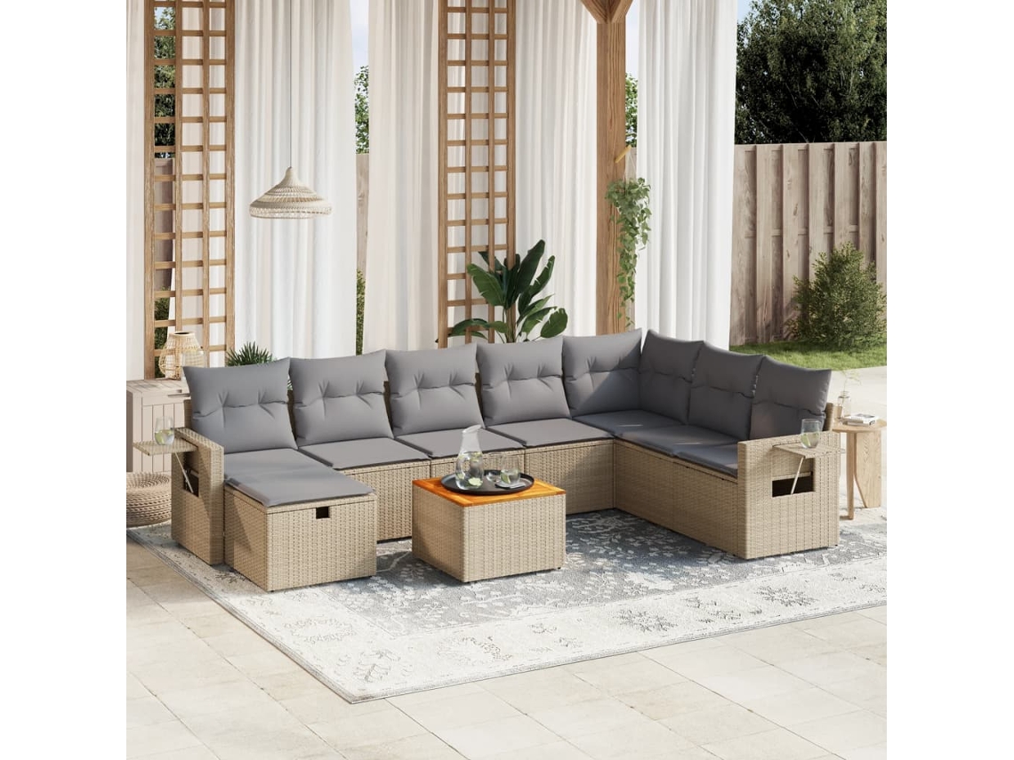 Vidaxl 9 Pcs Conj. Sofás Jardim C/ Almofadões Vime Pe Bege Misturado