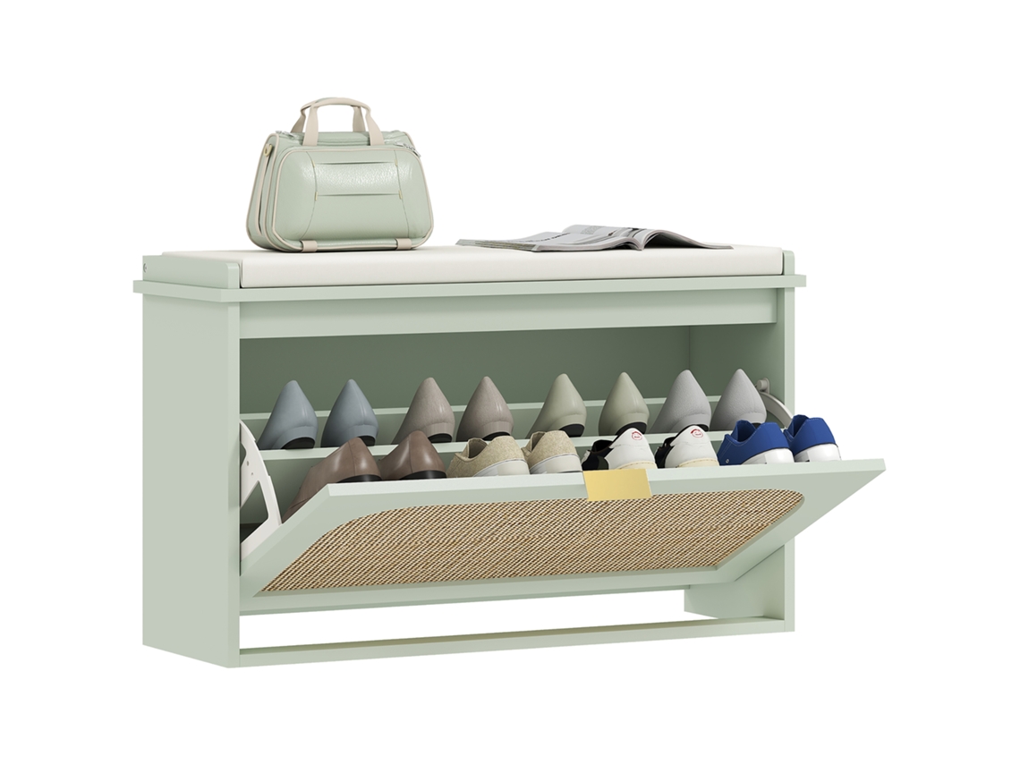 Banco Sapateira DECORALAR TECH com assento acolchoado, gaveta, porta vime, verde 80x26x47,5cm