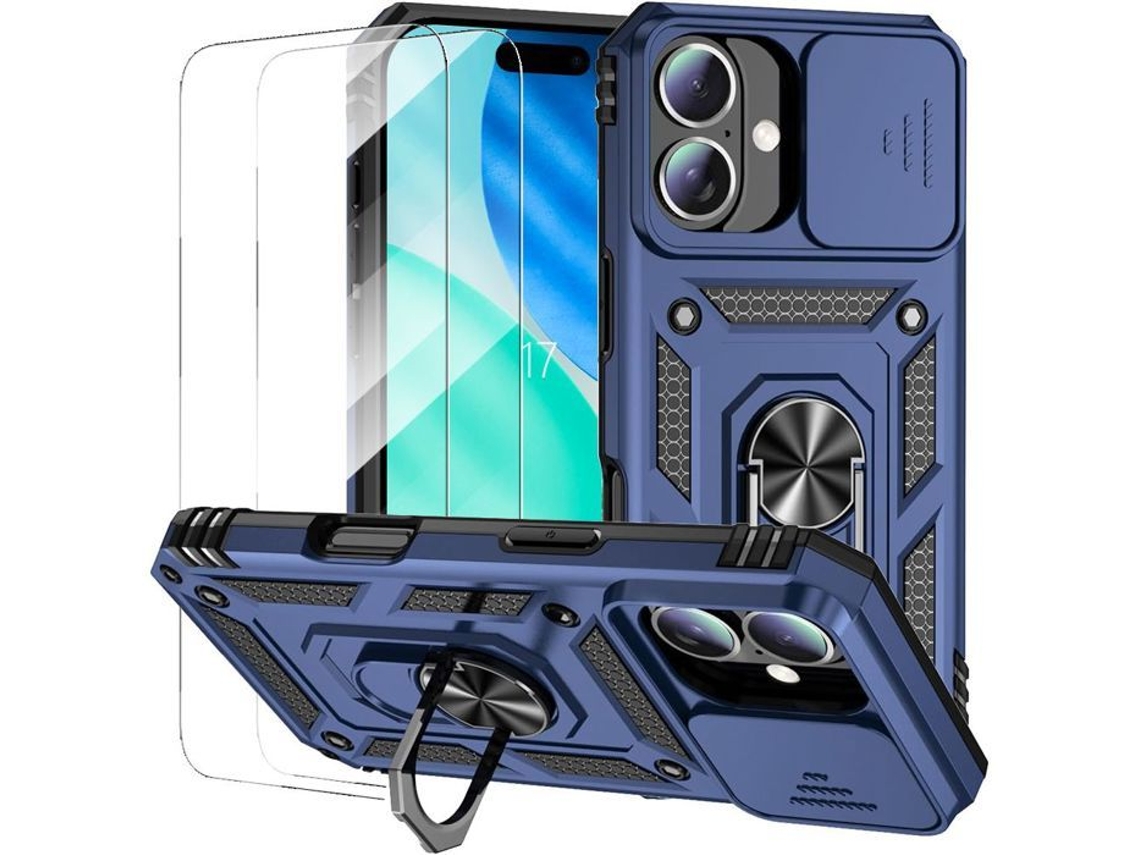 Capa Para Iphone 17, Resistente A Impactos, Com Proteção Para A Câmera E 2 Películas De Vidro Temperado - Azul Escuro