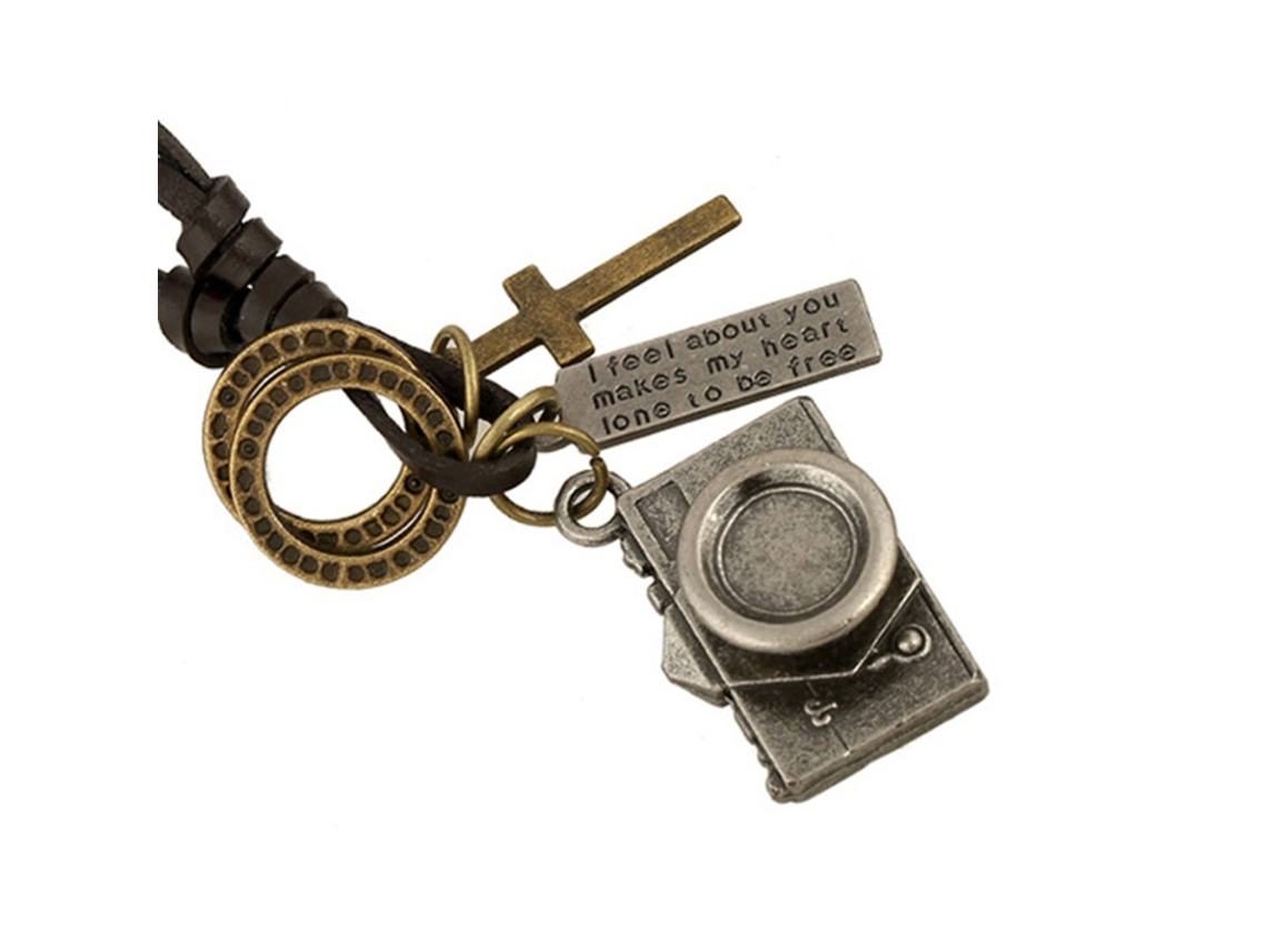 Colar Couro Genuíno Pingente Câmera Vintage Acessório Antigo