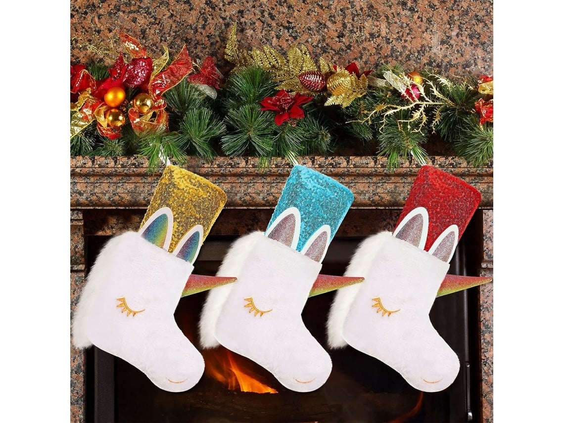 Conjunto de 3 Meias Natal Unicórnio 45 Cm , em Pelúcia Sintética com Detalhes de Lantejoulas, Ergonômico, Uso Diário STELASPLEN (18 Polegadas)