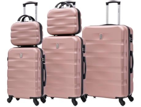 Conjunto de Malas de Viagem 5 Peças Mala de Cabine Mala Média Mala Grande 2X Necessaires Cadeado Integrado Ouro Rosa CELIMS FRANCE