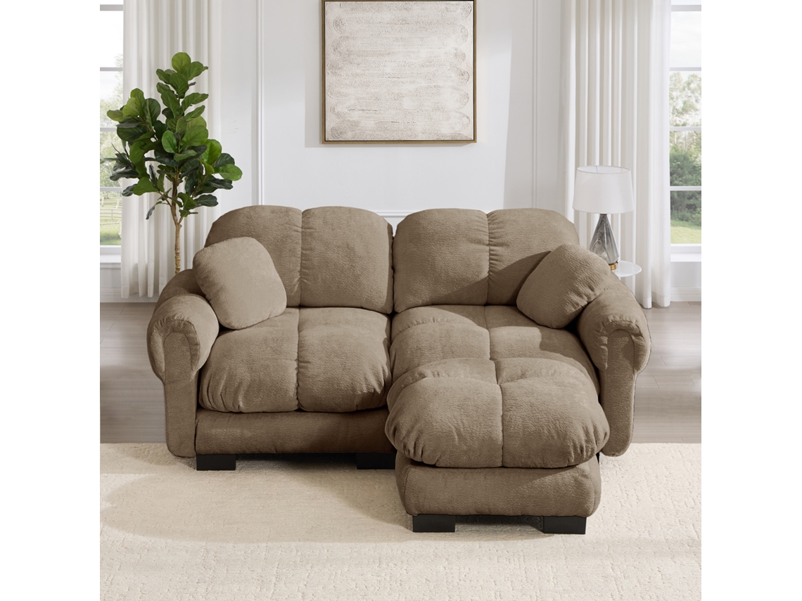 Sofá De Chenile Marrom Para 2 Lugares, L-shape Modular Com Otomana Móvel, Assentos Grossos E Macios, Fácil Montagem
