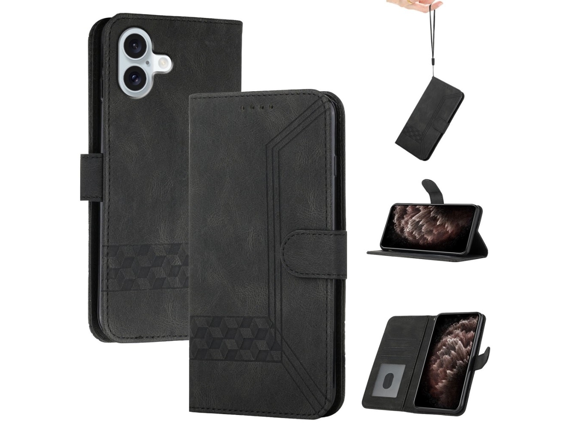 Capa Em Couro Pu Com Suporte Para Apple Iphone 16 - Preto