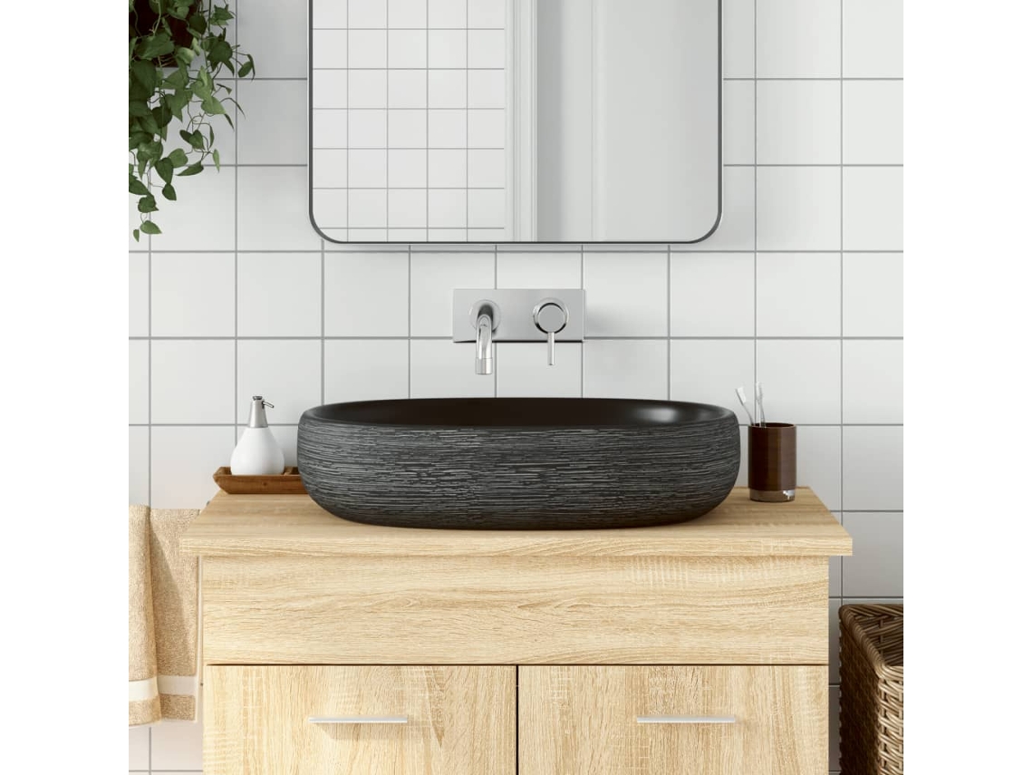 Vidaxl Lavatório De Bancada Oval 59x40x14 Cm Cerâmica Cinza E Preto