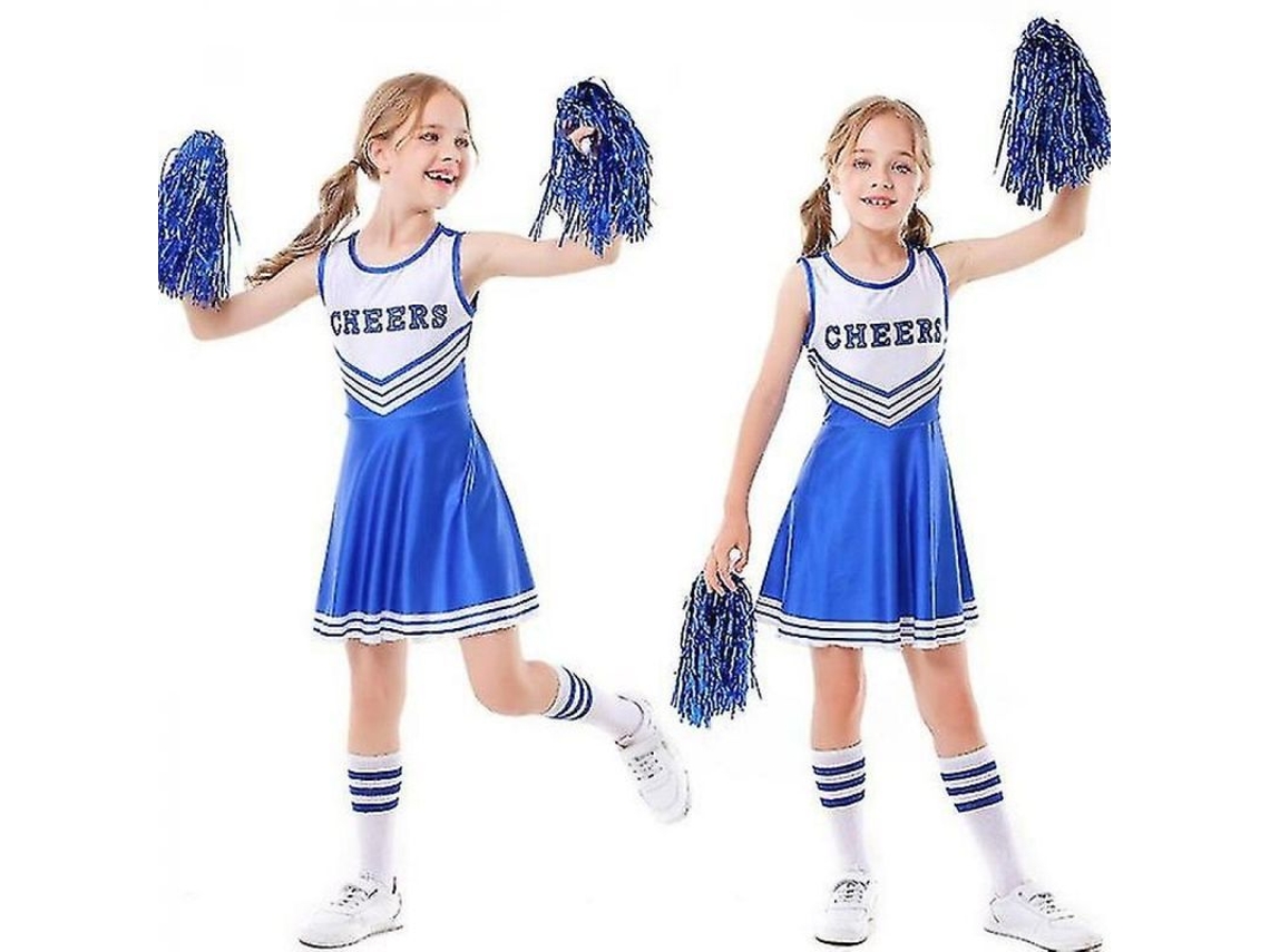 Rebe-traje De Torcida Para Meninas Festa Escolar Halloween Disfarce Musical Com 2 Bolas De Pelo 150 Cm Azul