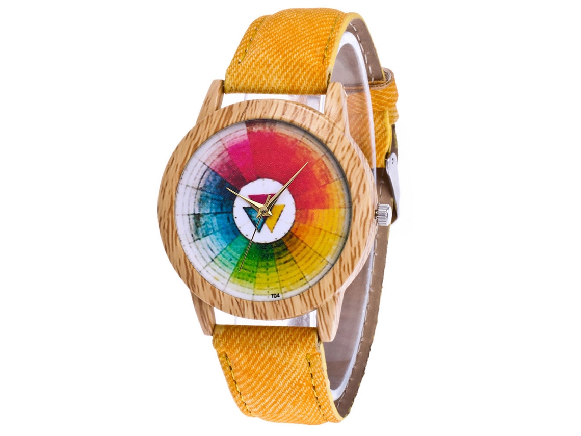 Relógio de casal Zhoulianfa Quartz com mostrador colorido e pulseira de lona amarela