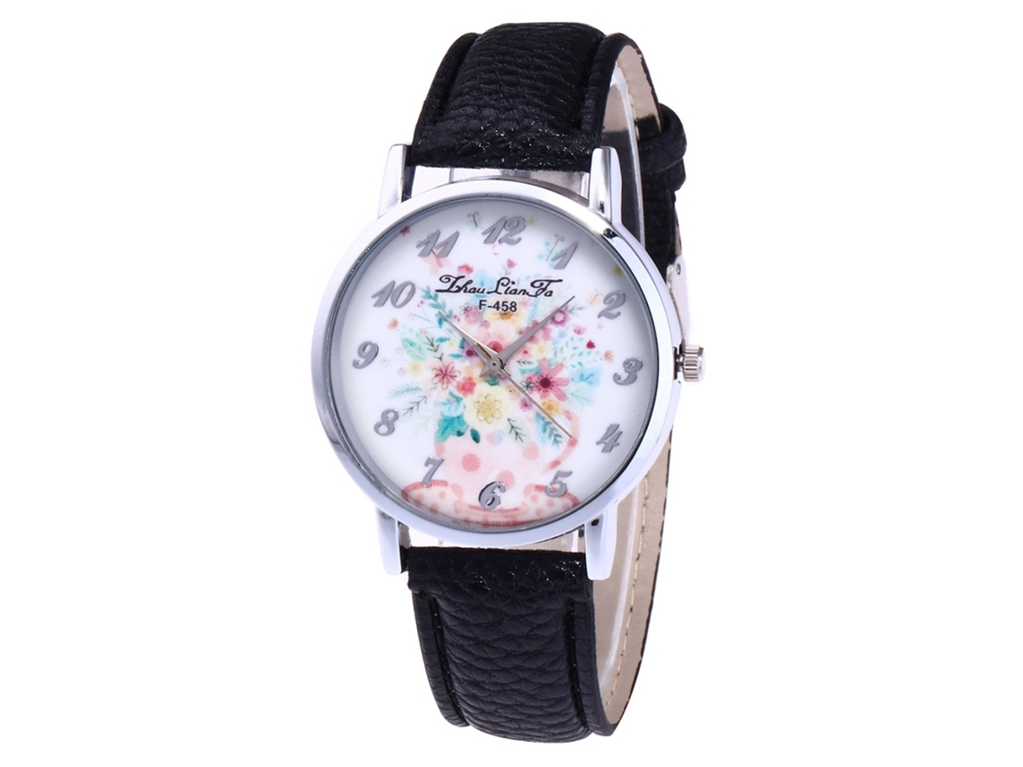 Relógio feminino Zhoulianfa Geneva com pulseira de couro, movimento de quartzo e estampa de margaridas, modelo F-458a, preto.