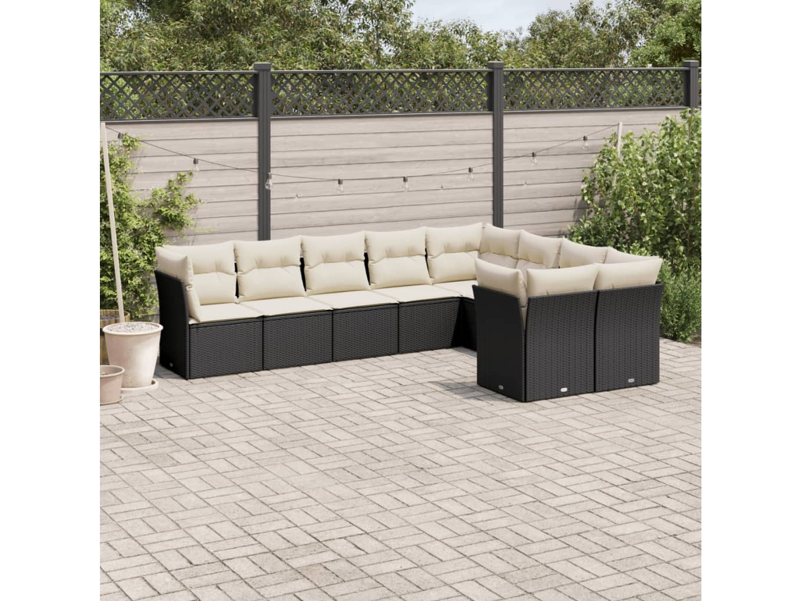 Jogo de Sofá 9 Peças P/ Jardim C/ Almofadões Vime Pe Preto Dkd Home Decor