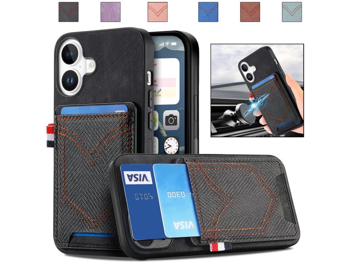 Capa Para Iphone 17 - Textura Jeans Com Compartimentos Para Cartões