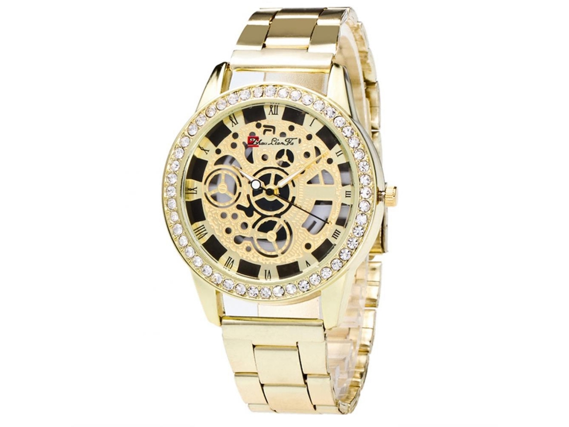 Relógio de pulso com decoração em strass, numerais romanos vazados e pulseira de aço.