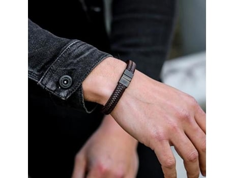 Bracelete De Couro Marrom Com Padrão Em Zig Zague Marron Noir Rr M0023 B Tamanho 16,5 Cm S Rebelrose