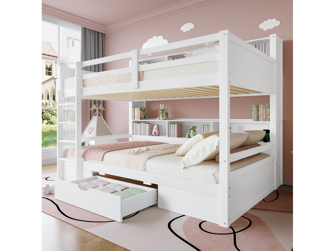 Cama Solteiro Madeira 90x200 Beliche com Cama Auxiliar e Gaveta Branca