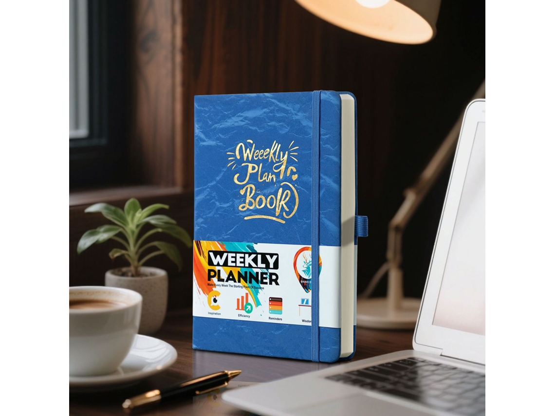 A5 Weekly Daily Planner Notebook With Ribbon, Business Cash Budget Book, English Edition, Royal Blue Suede Cover With