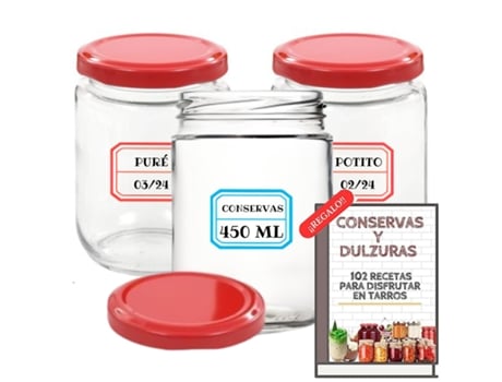 12 Frascos de Vidro de 450 Ml com Tampas Metálicas Vermelhas Tampas de Rosca Hermética para Alimentos Caseiros Inclui Etiquetas MUNDOTARROS