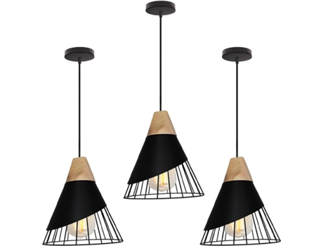 Luminária Pendente Moderna Em Madeira E Metal, Design Vintage Em Forma De Gaiola, 25cm, E27 (preto)
