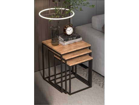 Conjunto De 3 Mesas De Encastrar Modernas Em Madeira Natural Estrutura De Metal Preta, Design Industrial, Fácil Montagem Casa Basics