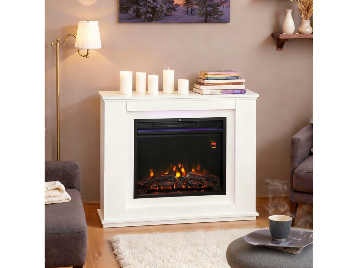Lareira Elétrica Preta E Branca, 98x25x80 Cm, Com 12 Cores De Chama E 5 Níveis De Brilho, Controle Remoto E Temporizador Incluso.