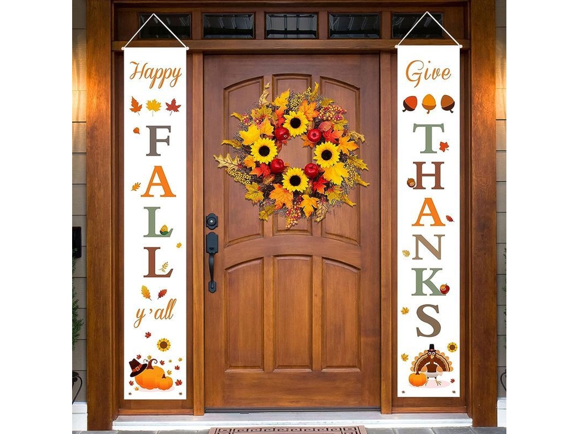 Decoração De Outono | Banner De Varanda Para Thanksgiving Com Folhas, Abóbora E Peru