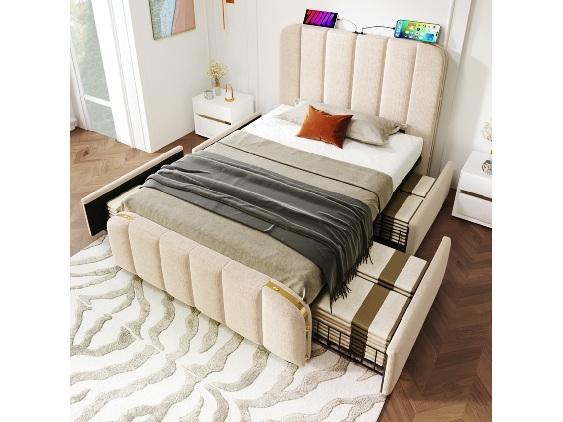 Cama Solteiro Polsterbett Bege 90x200 Cm Com Usb-c E 4 Gavetas