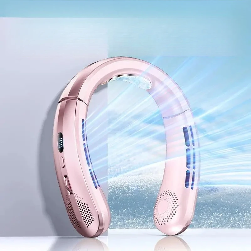Ventilador De Pescoço Usb (ouro Rosa), Portátil, Mini, Sem Hélices, Recarregável, Silencioso, Com Visor Digital Led.