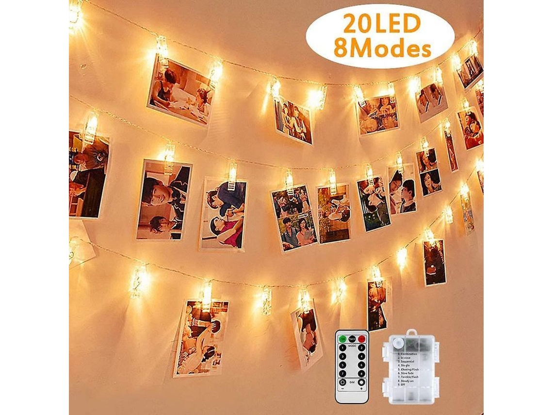 Luzes de Fita Nova Line com 20 ganchos para fotos, 3m, LED, branco quente, 8 modos, bateria | S/MARCA
