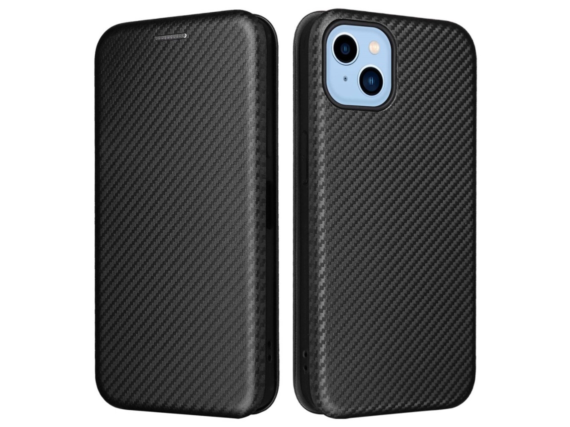 Suporte Casa Textura Fibra Para Iphone 14 Magnética Com Porta-cartões Preto