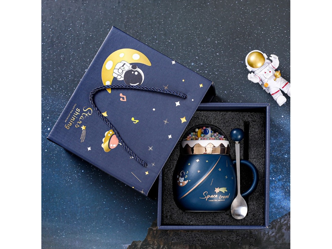 Caneca De Cerâmica Azul-escura Com Tampa E Colher, Série Astronauta, Brinde Corporativo Criativo