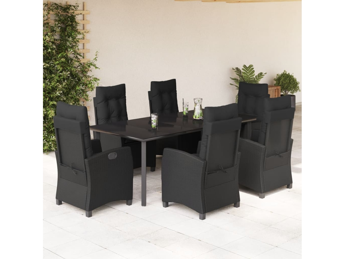Vidaxl 7 Pcs Conjunto De Jantar P/ Jardim C/ Almofadões Vime Pe Preto