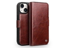 Carcasa De Couro Genuíno Qialino Classic 103 Para Iphone 15 Plus Marrom Com Suporte E Ranura Para Cartões 15 Plus Marrón