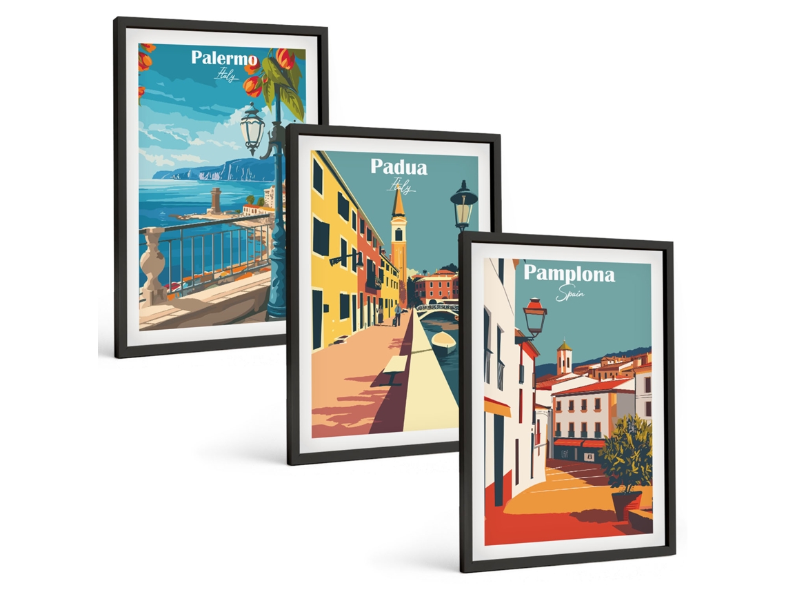 Conjunto De Pinturas Ilustrações De Cidades Retrô Espelharte (3 Peças 40x60 Cm)