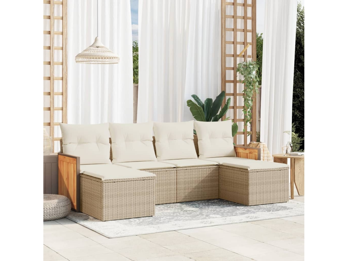Vidaxl 6 Pcs Conjunto De Sofás P/ Jardim Com Almofadões Vime Pe Bege