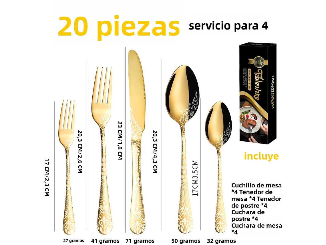 Conjunto de Talheres de Aço Inoxidável com 20 Peças, Incluindo Faca, Garfo e Colher. MDUG (dourado)