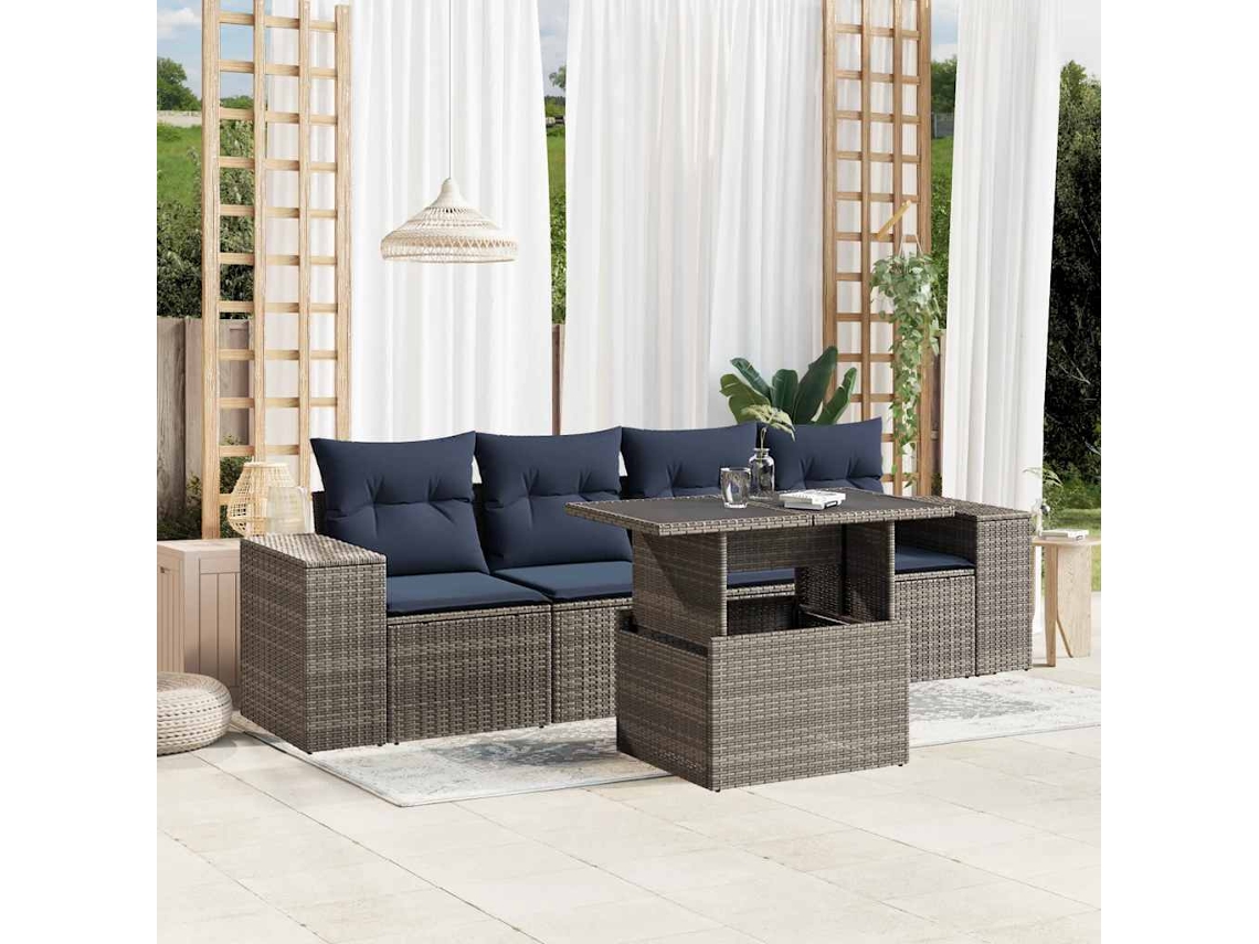 Vidaxl Conjunto De Sofá De Jardim De 5 Peças Com Almofadas Em Rattan Sintético Cinza