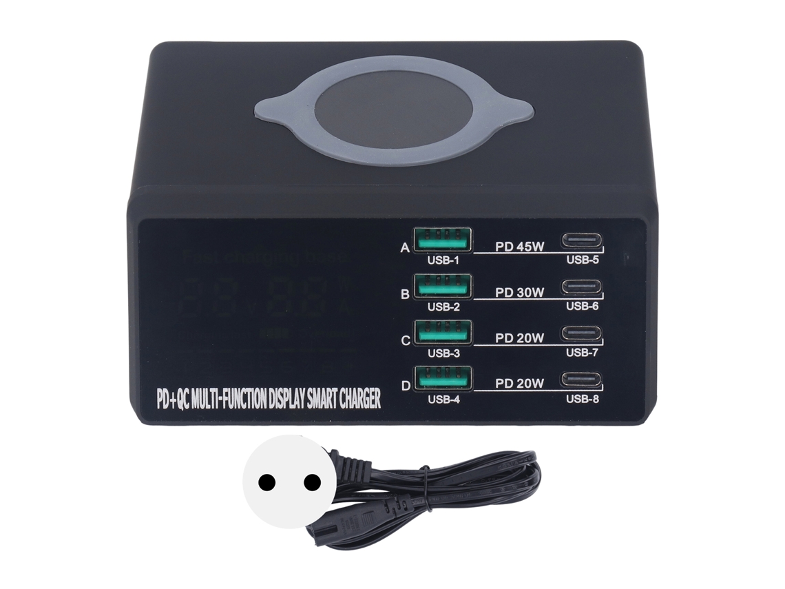 Base De Carga Sem Fio Com 8 Portas E Tela Led, Estação De Carga Usb Multifuncional, Carga Rápida Com Plugue Eu 100-240v