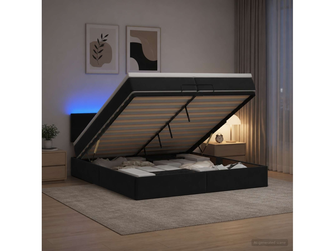 Vidaxl Cama Ottoman Com Colchão E Led Preto 200 X 200 Cm Veludo