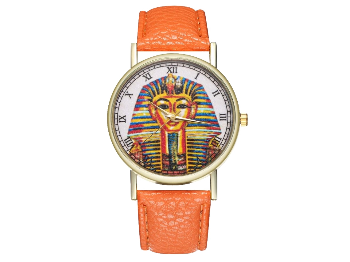 Relógio de pulso unissex de quartzo com pulseira de PU, mostrador redondo e numerais romanos (laranja)