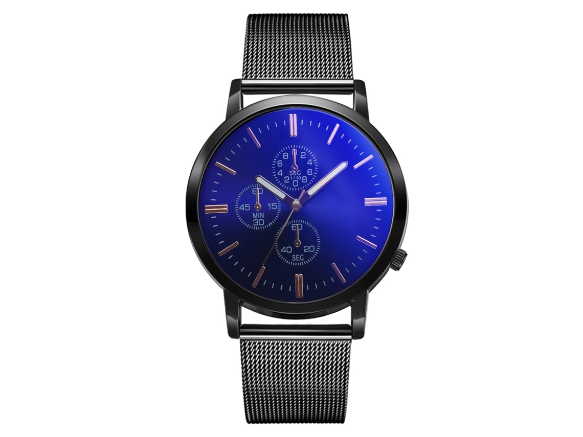 Relógio de pulso masculino casual com movimento de quartzo e mostrador em liga metálica preta/azul.