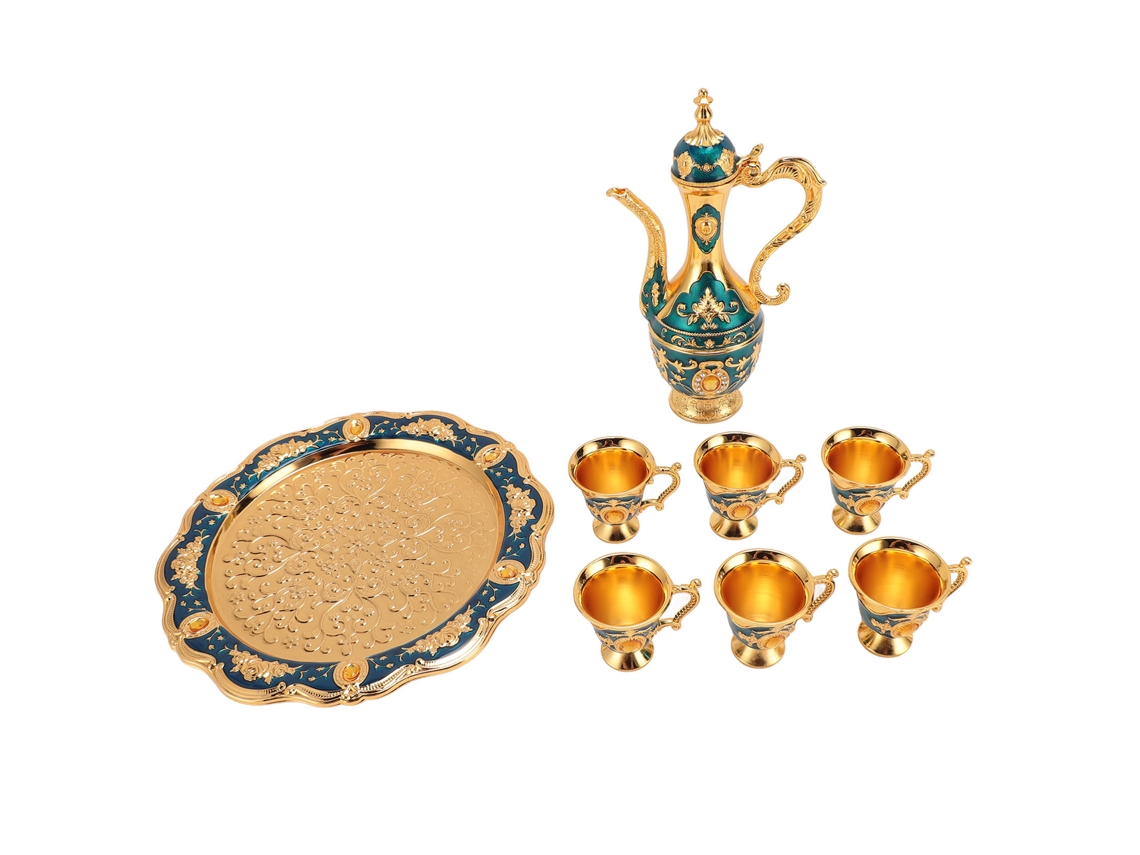 Conjunto de Chá Vintage 6 Copos Ouro Azul