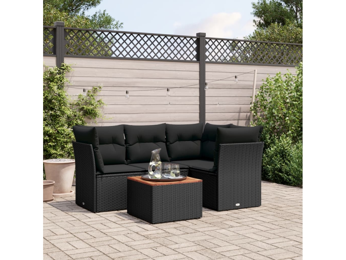 Vidaxl 5 Pcs Conjunto Sofás De Jardim Com Almofadões Vime Pe Preto