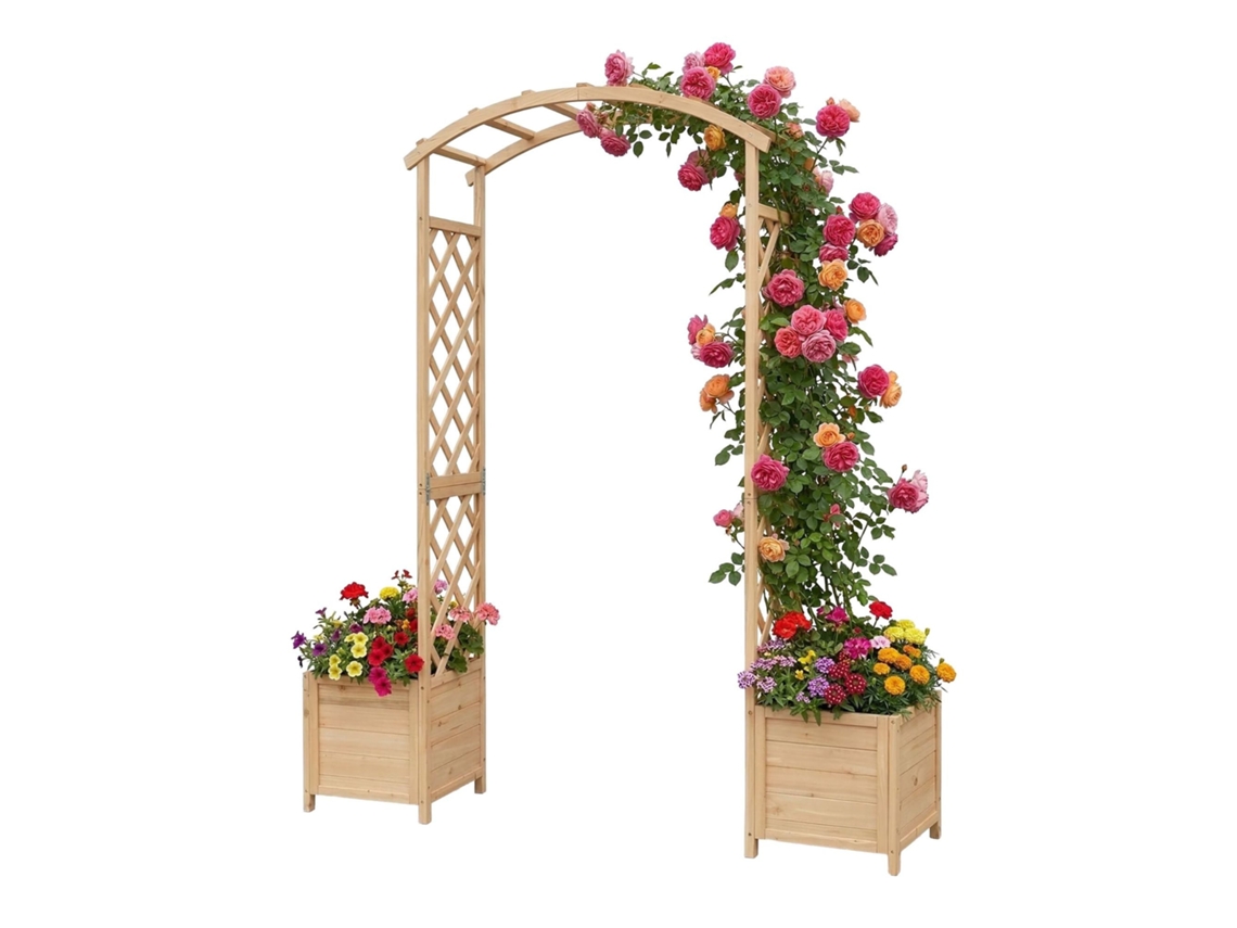 Arco De Jardim De Madeira Com Floreiras E Treliça Para Plantas Trepadeiras