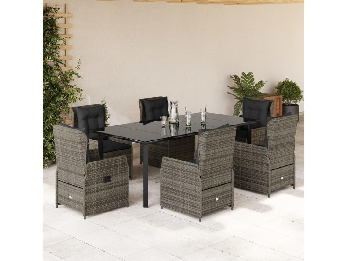 Vidaxl 7 Pcs Conjunto De Jantar P/ Jardim C/ Almofadões Vime Pe Cinza