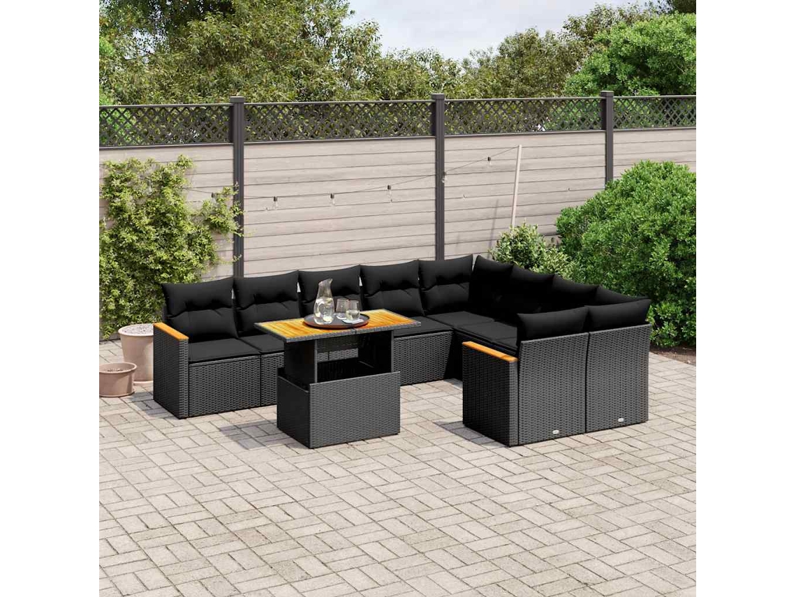 Vidaxl 10 Pcs Conjunto Sofás De Jardim C/ Almofadões Vime Pe Preto