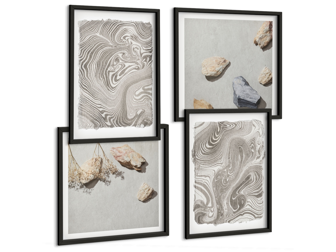 Um Conjunto De Imagens Decorativas Em Uma Moldura Folhas Com Formas Geométricas Moldura Preta Pinturas De Quarto Espelharte (conjunto De 4 Imagens)