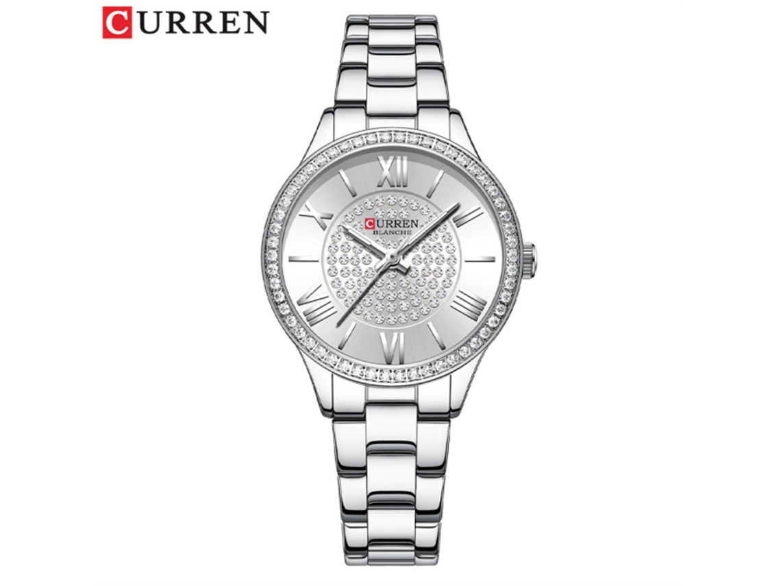 Relógio Elegante Com Strass (branco Prateado) E Pulseira De Aço, Estilo Moderno E Casual.