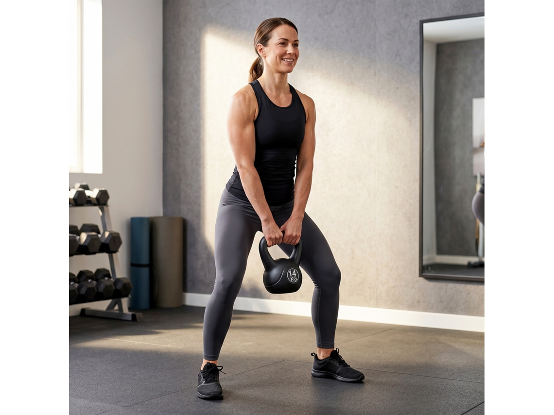 Kettlebell de 14 kg Em Plástico E Areia Com Base Plana E Alça, Preto.