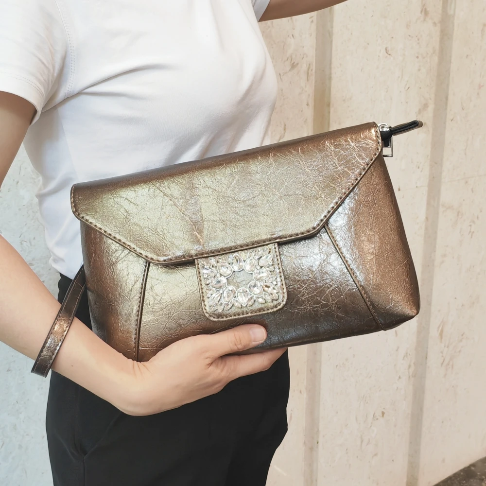 Bolsa Clutch Feminina Estilo Envelope (bronze) Com Corrente De Couro, Bolsa De Ombro Feminina