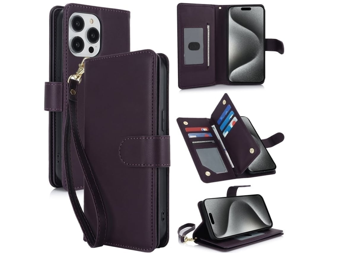 Capa Carteira De Couro Para Iphone 16 Pro - Com Rfid - Para Vários Cartões